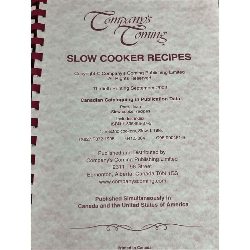 Slow Cooker Recipes – Company's Coming‎ – Jean Paré – Spiral Bound – Very Good